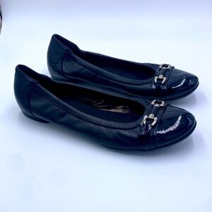 Agl Black Leather Ballet Flats with Patent Toe and Silver Hardware EUC